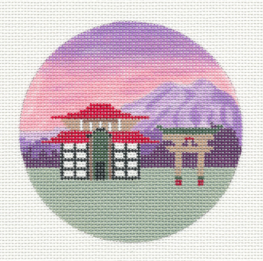 Travel ~ JAPAN ~ with Temple handpainted 4" Rd. 18 mesh Needlepoint Canvas Ornament by Painted Pony