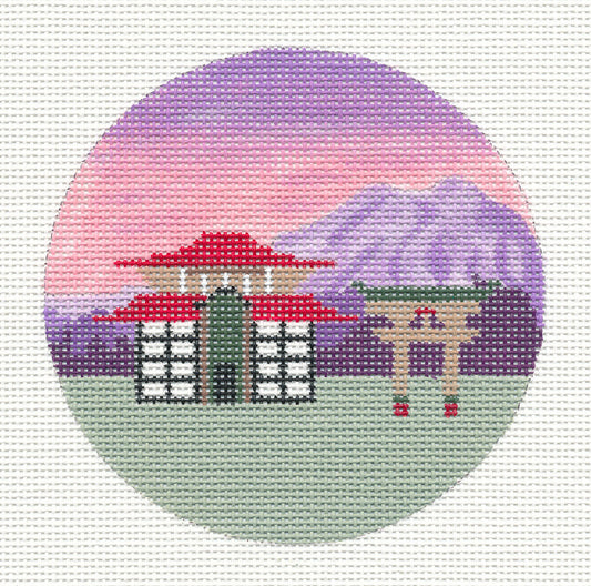 Travel ~ COUNTRY of JAPAN ~ With Temple handpainted 4" Rd. 18 mesh Needlepoint Canvas Ornament by Painted Pony