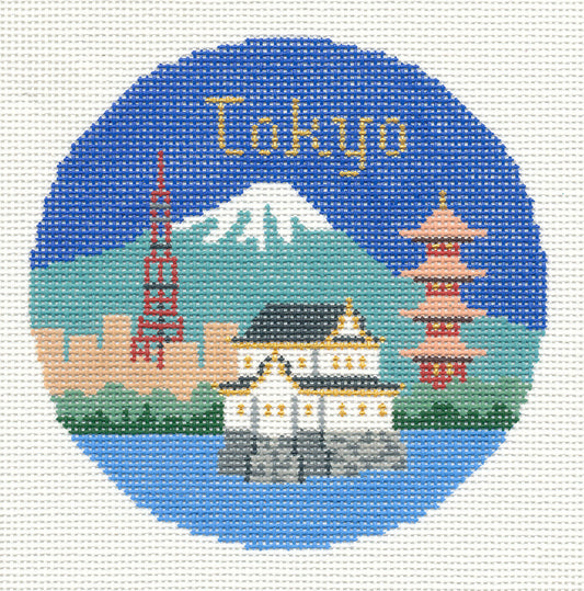 Travel Round ~ TOKYO, JAPAN handpainted 4.25" 18 mesh Needlepoint Canvas by Silver Needle