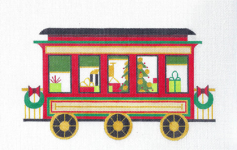 Christmas Train ~ Christmas Train Large Passenger Car & STITCH GUIDE handpainted needlepoint canvas by Raymond Crawford