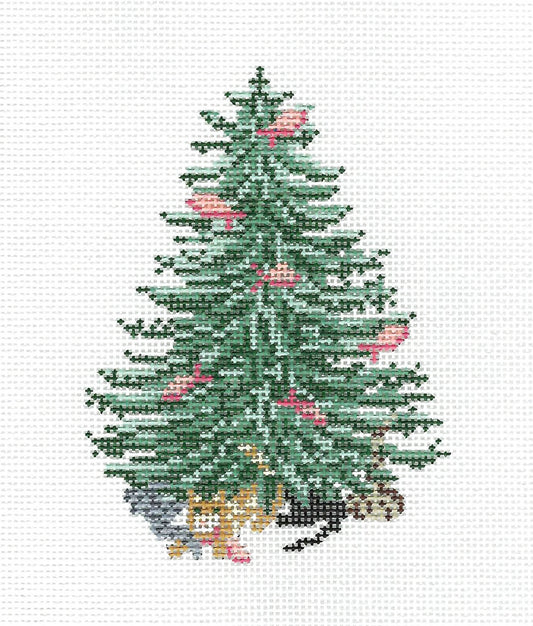 Tree Canvas ~ Christmas Cats and Pink Salmon Fish Tree handpainted Needlepoint Canvas by Needle Crossings