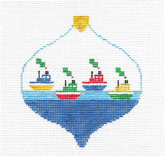 Bauble ~ 4 Tugboats Bauble Ornament handpainted Needlepoint Canvas by Kathy Schenkel