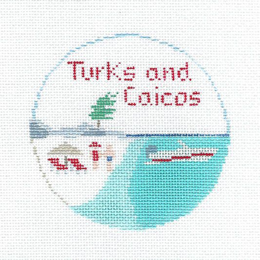 Travel Round ~ Turks and Caicos 4" Round 18 mesh handpainted Needlepoint Canvas by Kathy Schenkel