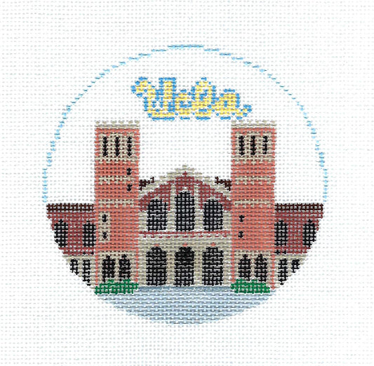 Travel Round ~ UCLA ~ University of California in Los Angeles 18 Mesh handpainted 4" Needlepoint Canvas by Kathy Schenkel