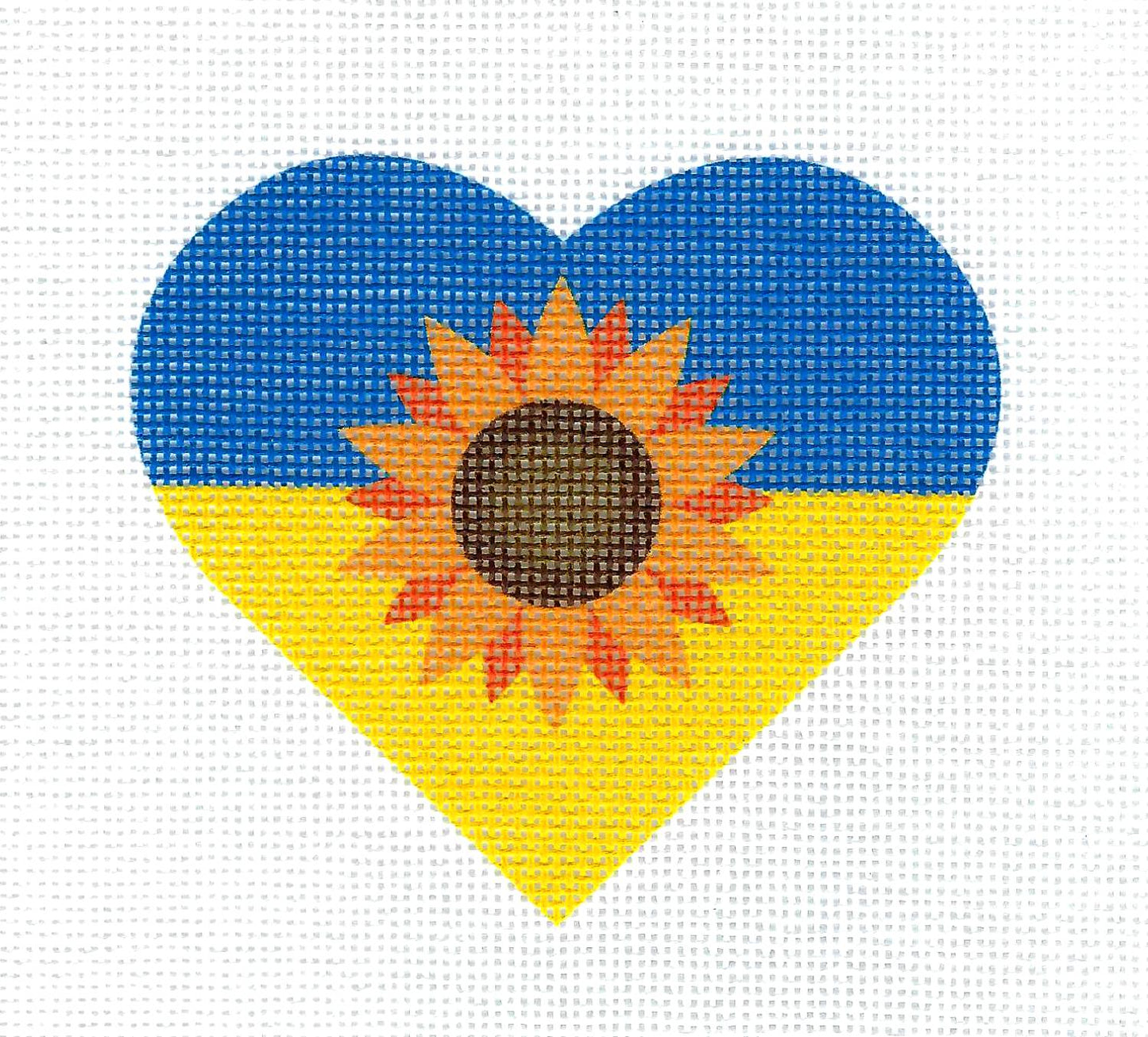 UKRAINE CHARITY ~ FLAG HEART with Sunflower ~ on 18 Mesh handpainted Needlepoint Canvas by Pepperberry