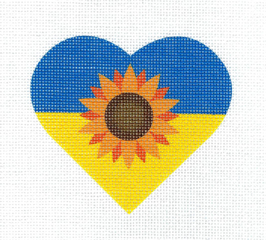 UKRAINE CHARITY ~ FLAG HEART with Sunflower ~ on 18 Mesh handpainted Needlepoint Canvas by Pepperberry