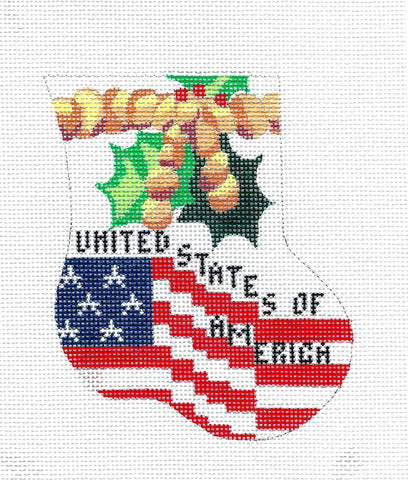 Christmas Travel ~ UNITED STATES Of AMERICA  Mini Stocking handpainted Needlepoint Canvas Ornament by Danji