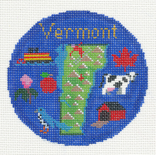 Travel Round ~ VERMONT handpainted 4.25" Needlepoint Ornament Canvas by Silver Needle