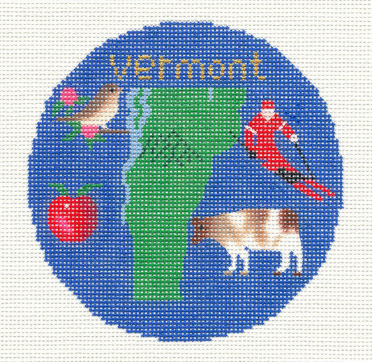 Travel Round ~ VERMONT handpainted 4.25" Needlepoint Ornament Canvas by Silver Needle **RETIRED**