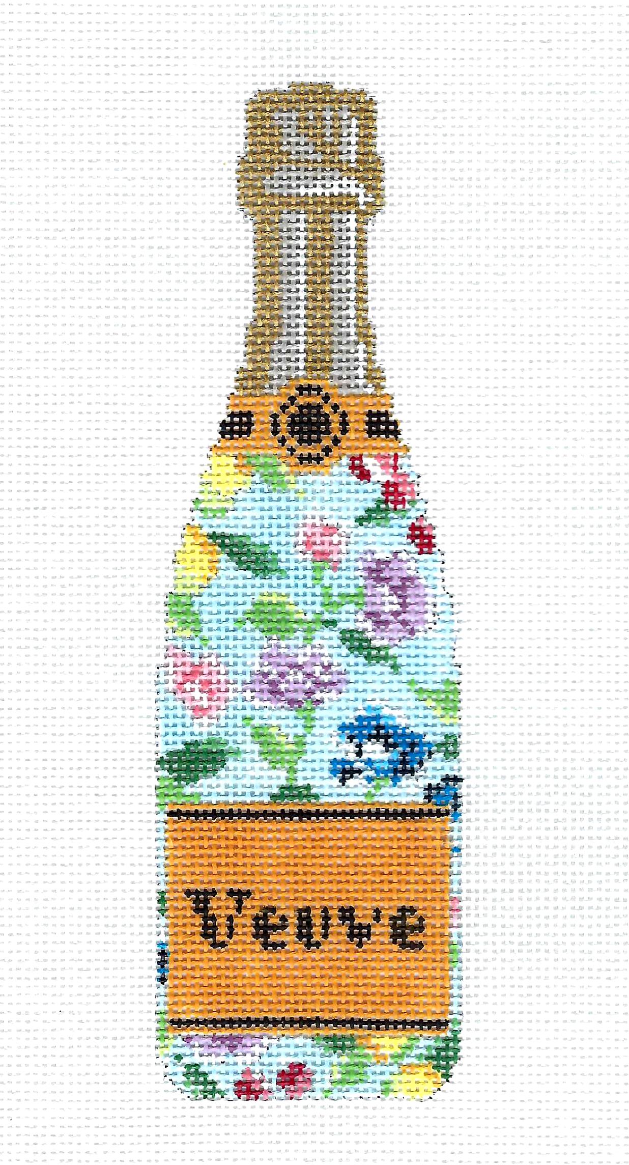 "Veuve" Champagne Bottle in Blue Floral Design handpainted 18mesh Needlepoint Canvas by C'ate La Vie