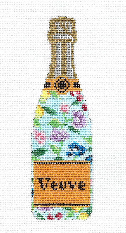 "Veuve" Champagne Bottle in Blue Floral Design handpainted 18m Needlepoint Canvas by C'ate La Vie