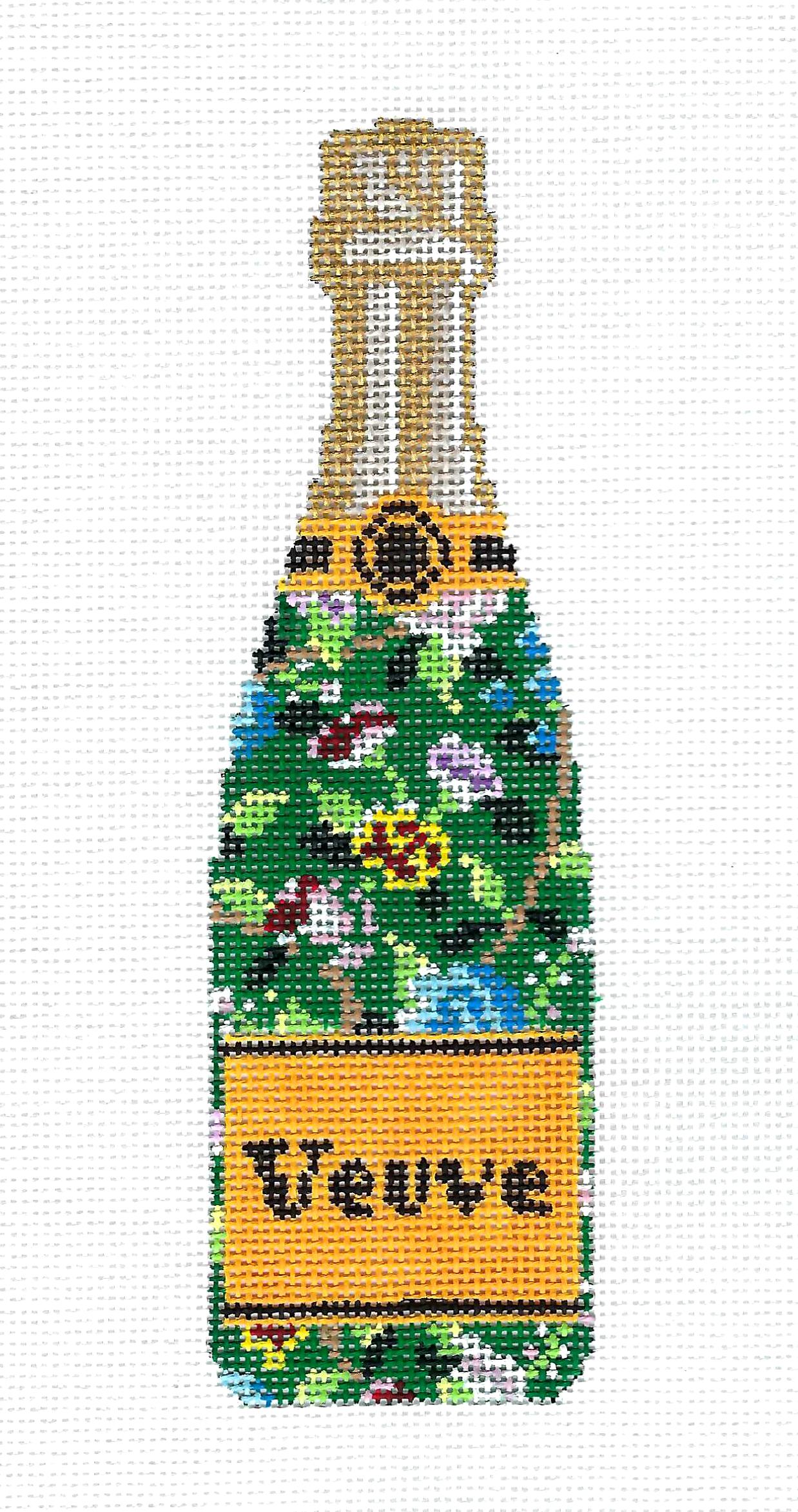 "Veuve" Champagne Bottle in Green Floral Design handpainted Needlepoint Canvas by C'ate La Vie