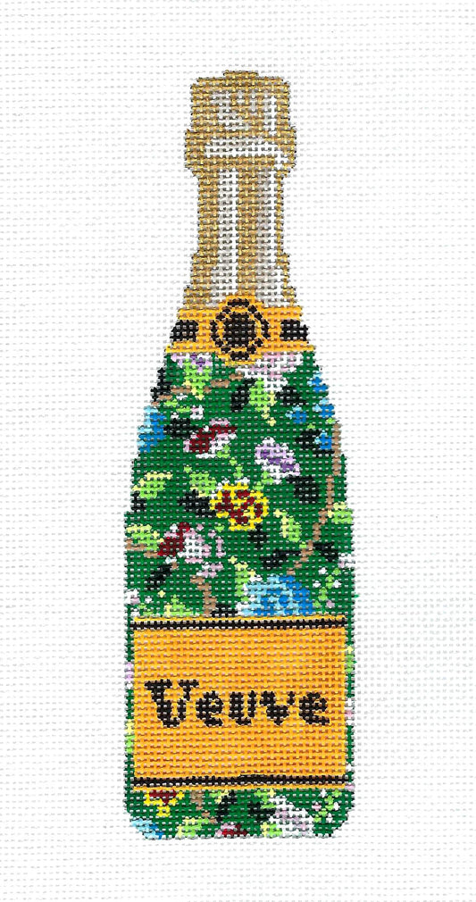 "Veuve" Champagne Bottle in Green Floral Design 18 Mesh handpainted Needlepoint Canvas by C'ate La Vie