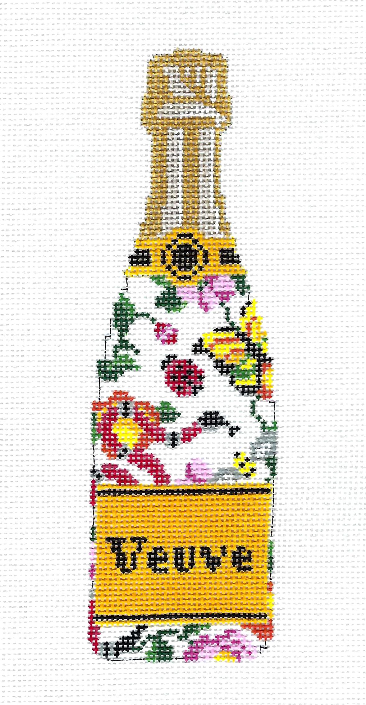 "Veuve" Champagne Bottle in Gucci Garden Floral Design 18 Mesh handpainted Needlepoint Canvas by C'ate La Vie