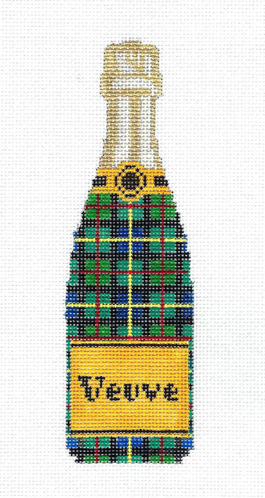 "Veuve" Champagne Bottle in Tartan Plaid Design handpainted Needlepoint Canvas by C'ate La Vie