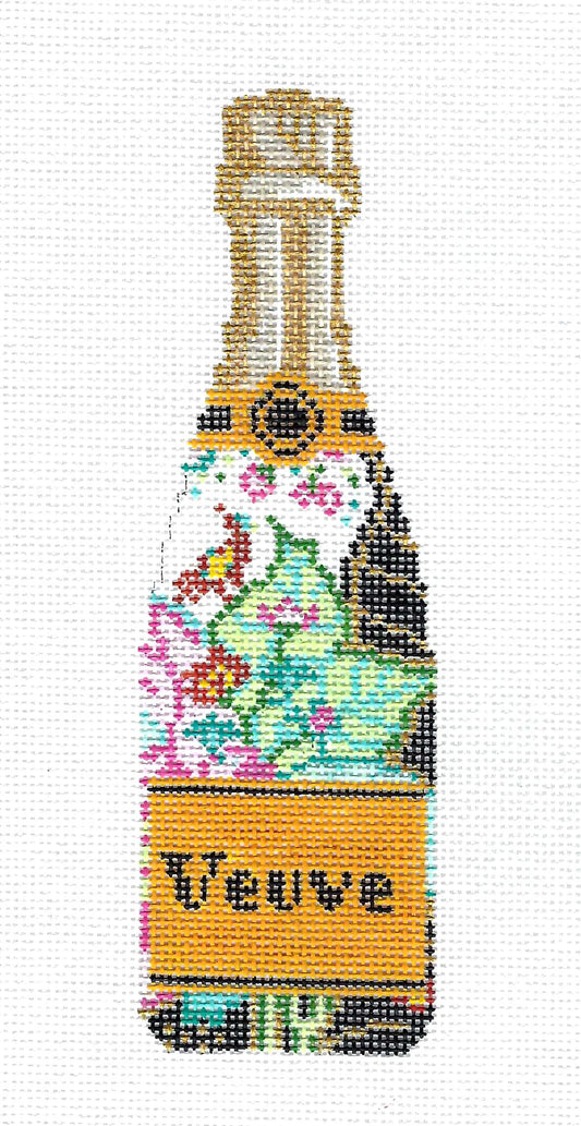 "Veuve" Champagne Bottle in Tobacco Leaf Pattern 18 mesh handpainted Needlepoint Canvas by C'ate La Vie