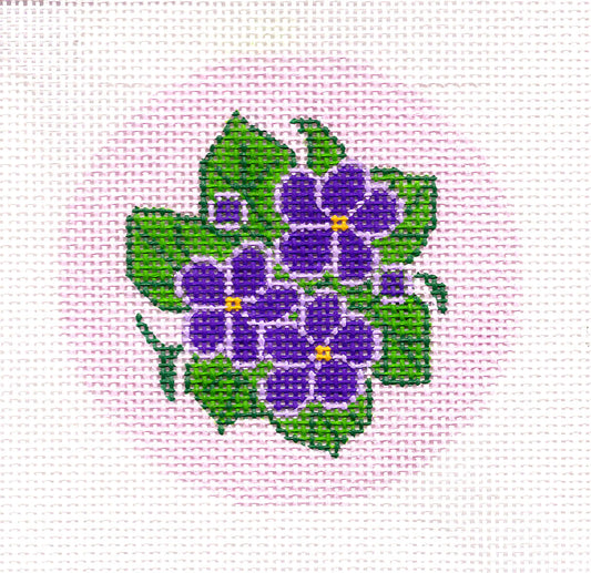 Floral Round ~ Purple Violets on Pink 18 Mesh handpainted Needlepoint Canvas 3" Rd. Ornament or Insert LEE