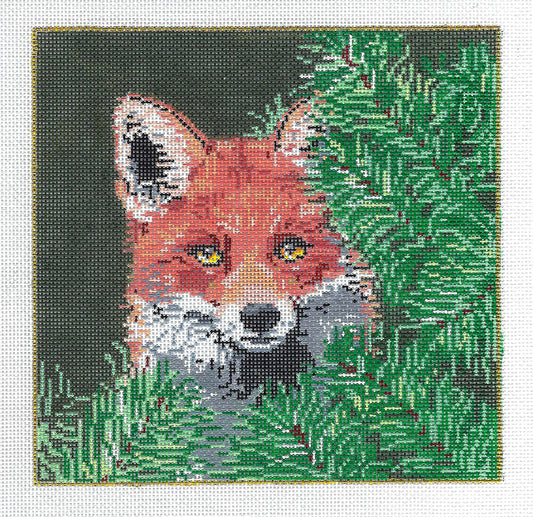 Fox Canvas ~ THE VIXEN Red Fox in Pine Trees Needlepoint Canvas handpainted by Sandra Gilmore