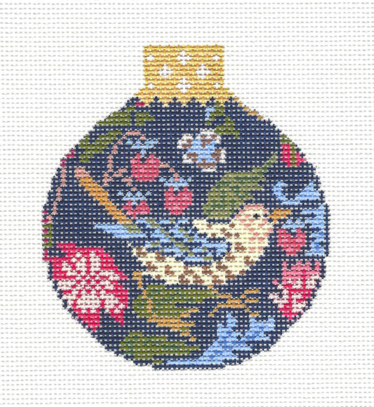 Strawberry Thief Bird Ornament handpainted Needlepoint Canvas by Whimsy & Grace