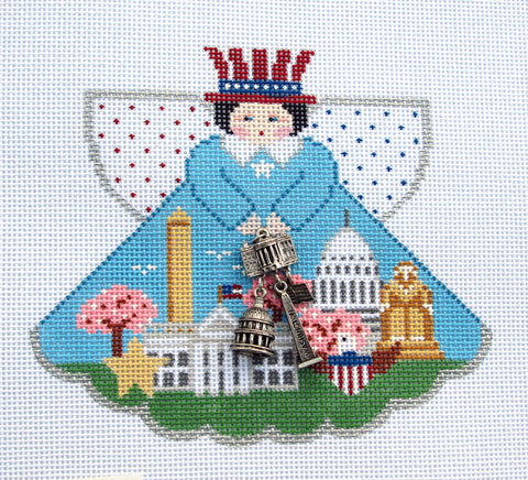 Travel Angel ~ Washington, DC  Angel & Charms & STITCH GUIDE Handpainted Needlepoint Canvas by Painted Pony