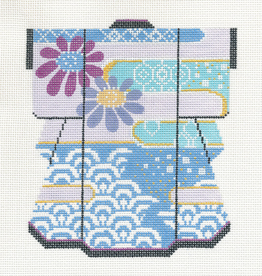 Kimono~ LEE Medium Waves & Blossoms Kimono handpainted HP Needlepoint Canvas 5"x 6"