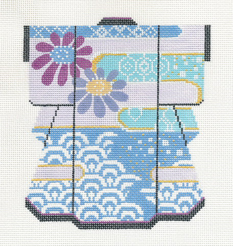 Kimono~ LEE Medium Waves & Blossoms Kimono handpainted HP Needlepoint Canvas 5"x 6"