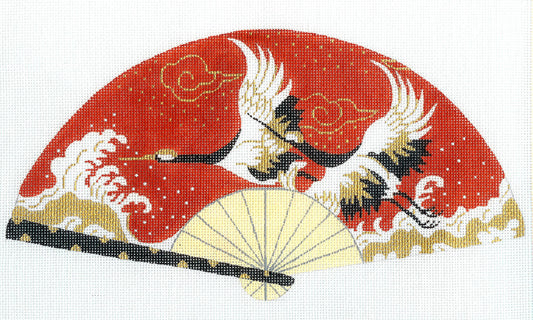 Oriental Fan ~ Japanese Oriental Cranes Wedding Fan on Red handpainted 18 mesh Needlepoint Canvas by LEE