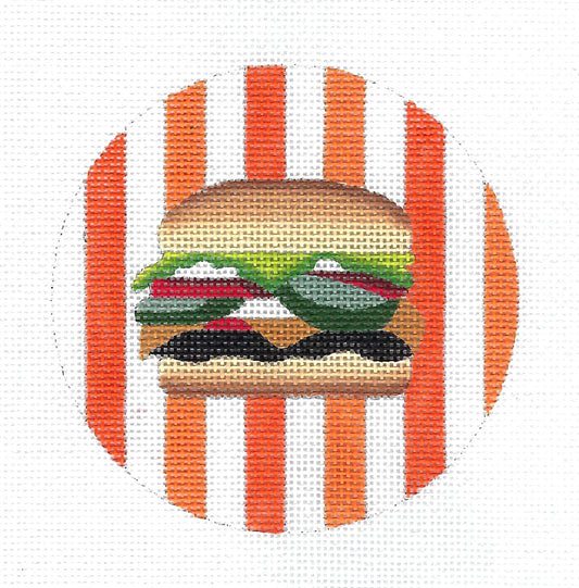 Cheeseburger on Stripes 4" Round handpainted Needlepoint Canvas by Raymond Crawford