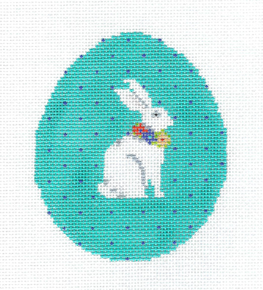 Kelly Clark - White Rabbit on a Turquoise Egg handpainted Needlepoint Canvas by Kelly Clark