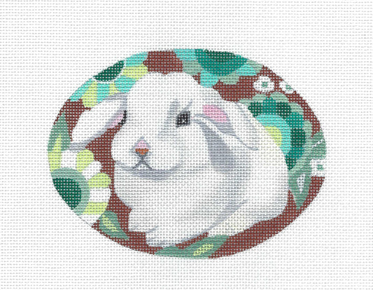 Bunny ~ White BUNNY RABBIT in Flowers & STITCH GUIDE handpainted Oval Needlepoint Ornament by Melissa Prince