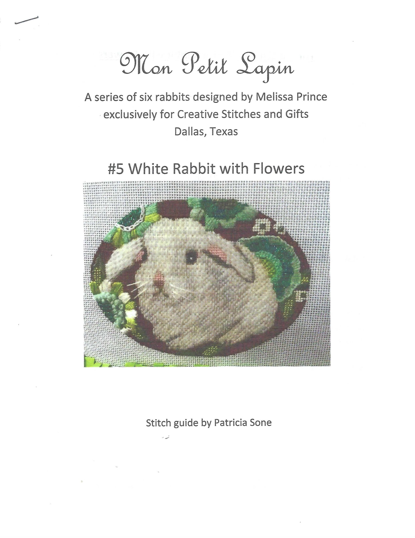 Bunny ~ White BUNNY RABBIT in Flowers & STITCH GUIDE handpainted Oval Needlepoint Ornament by Melissa Prince