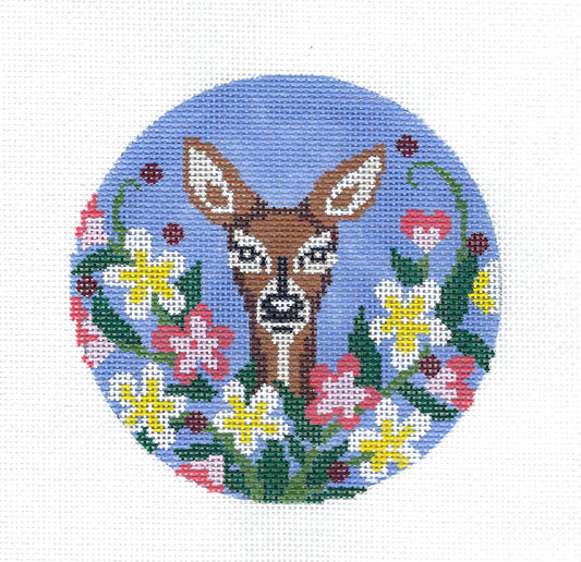 Round ~ Wildflower Doe Deer handpainted 4.5" Needlepoint Canvas by Abigail Cecile from Juliemar