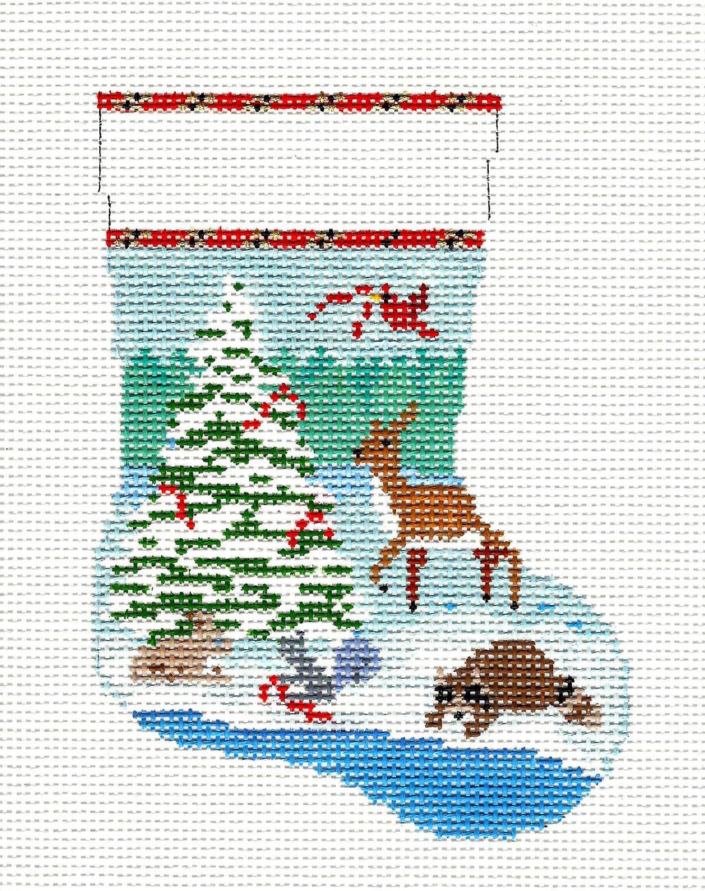 Christmas ~ Woodland Forest Friends Mini Stocking 13 mesh handpainted Needlepoint Canvas Susan Roberts