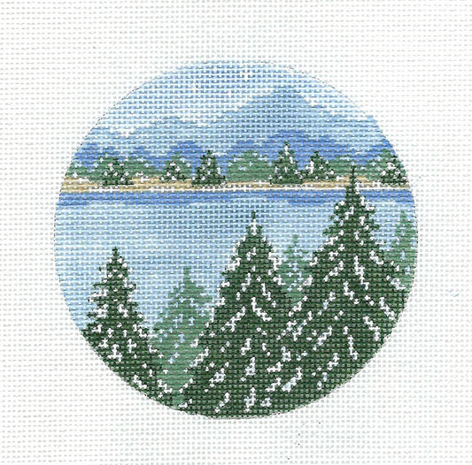 Woodland Forest By the Lake 4" Round handpainted Needlepoint Canvas by Needle Crossings
