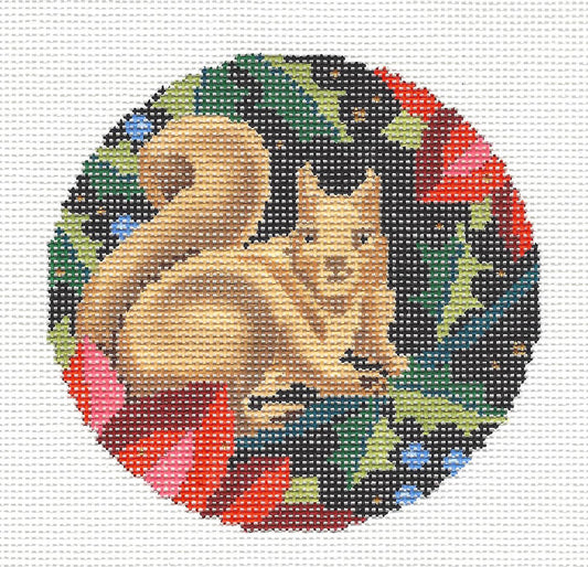 Christmas ~ Woodland Squirrel & Poinsettia handpainted Needlepoint Canvas by Abigail Cecile Juliemar