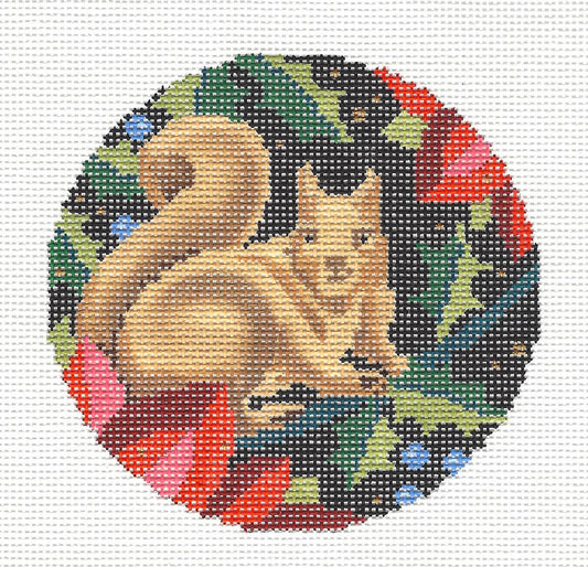 Christmas ~ Woodland Squirrel & Poinsettia 18 Mesh handpainted 4" Rd. Needlepoint Canvas by Abigail Cecile Juliemar