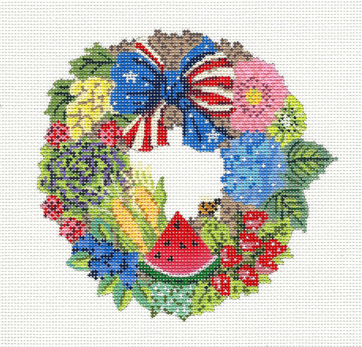 Wreath ~ Summer Celebration Wreath handpainted 18 Mesh Needlepoint Canvas by Kelly Clark