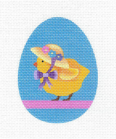 Egg ~ Yellow Chick in an Easter Bonnet on a Blue Egg handpainted Needlepoint Canvas by Pepperberry