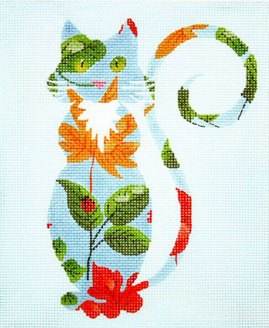 Cat Canvas ~ Sophisticated Springtime Cat handpainted Needlepoint Canvas Ornament Insert LEE