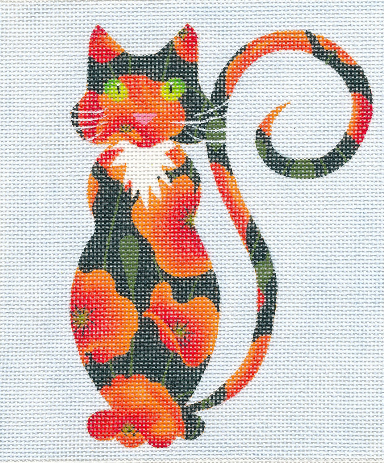 Cat canvas ~ Orange Poppy Cat handpainted Needlepoint Canvas Insert or Ornament by LEE