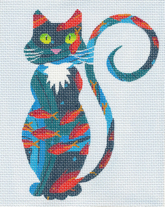 Cat Canvas ~ Whimsical Goldfish Cat handpainted Needlepoint Canvas or Ornament by LEE