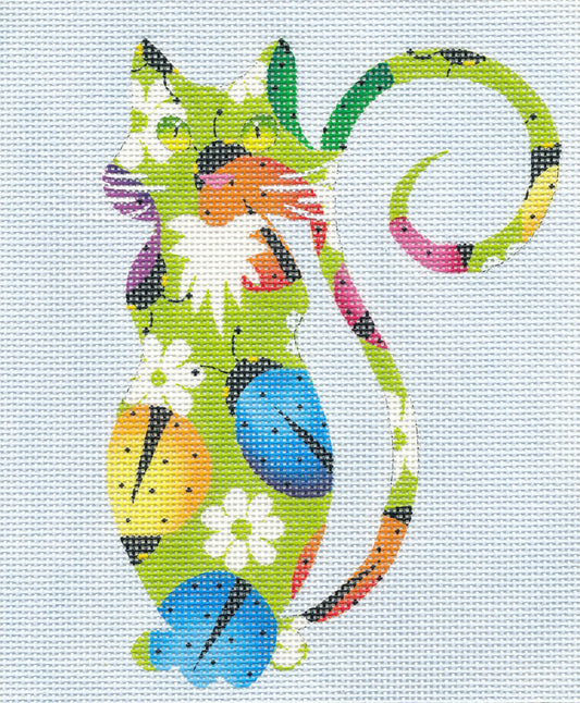 Cat Canvas ~ Ladybugs Cat handpainted Needlepoint Canvas Insert or Ornament By LEE