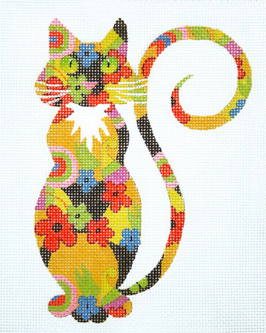 Cat Canvas ~ Sophisticated Floral Cat handpainted Needlepoint Canvas Ornament or Insert LEE