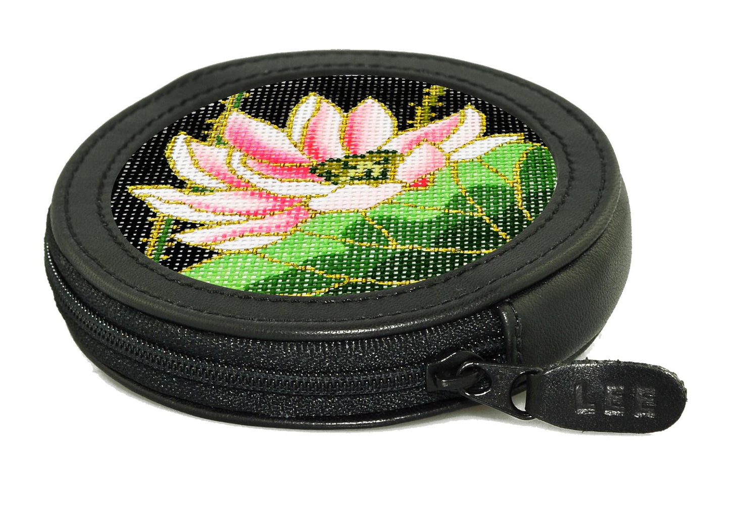Accessory ~ Black Smooth Leather Zipper Change Purse  for 3" Round Canvas