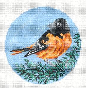 Bird Round ~ Baltimore Oriole Bird Ornament 4" handpainted Needlepoint Canvas by Needle Crossings