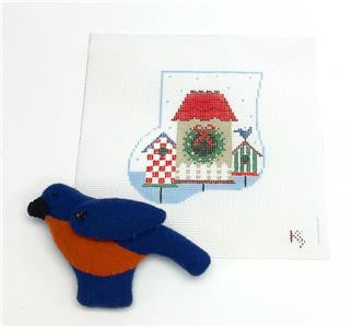 Mini Stocking SET ~ Bluebird and Bird House SET Ornament & Felt Bird handpainted Needlepoint Canvas by Kathy Schenkel