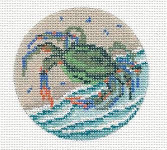 Round ~ Blue Crab on the Beach 3" Ornament handpainted Needlepoint Canvas by Needle Crossings