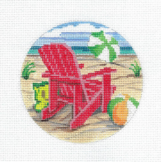 Summer Round ~ Summer Red Beach Chair, Beach Ball and Umbrella handpainted Needlepoint Canvas by Alice Peterson