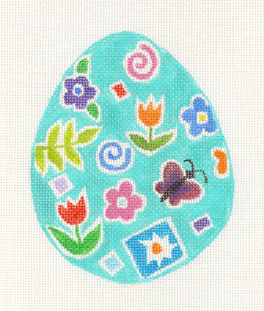 Easter~ Egg in Teal with Florals handpainted Needlepoint Canvas~by Barbara Fox