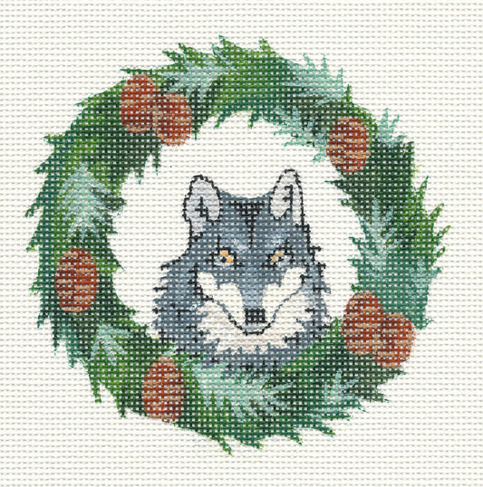 Round ~ Gray WOLF in a Woodland Wreath handpainted  4" Needlepoint Canvas by Barbara Fox